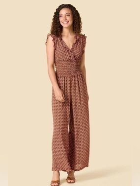 Smocked Waist Ruffle V-Neck Wide-Leg Jumpsuit Terra-Cotta Batik Floral Size LRGE